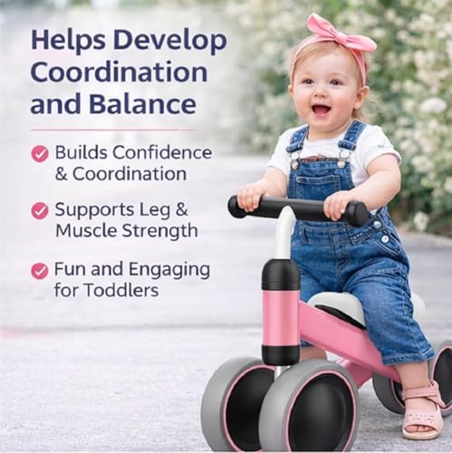 Image of Kids Baby Balance Bike for 1-2 Years Old Boys and Girls, Toddler Best First Birthday Gift | Toddler First Bike with 4-Wheel Stability | No Pedal Ride-On Toy for Indoor & Outdoor Game (Pink)