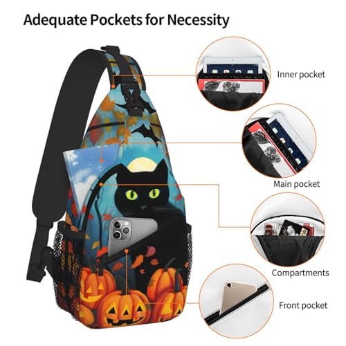 Halloween Black Cat Casual Sling Backpack Crossbody Chest Bags for Unisex Fall Pumpkin Leaf Adjustable Shoulder Bag Multipurpose Daypack 6