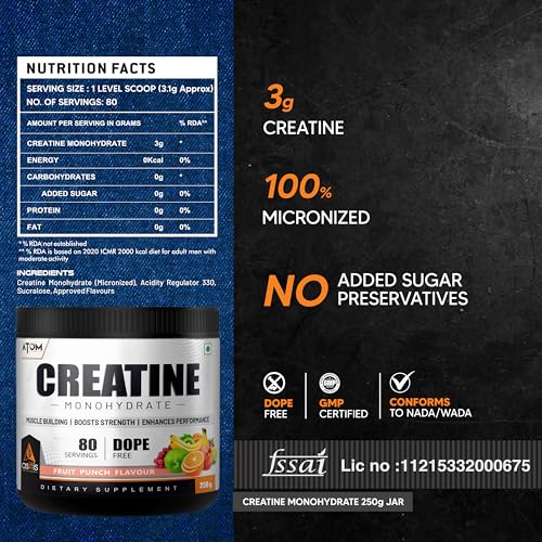 Image of AS-IT-IS ATOM Creatine Monohydrate 250g, Fruit Punch, Dope Free, Enhances Performance, Promotes Muscle gains