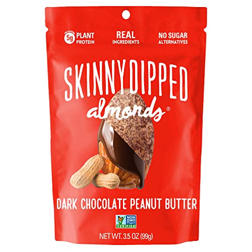 SKINNYDIPPED Dark Chocolate Peanut Butter Covered Almonds, 3.5 Ounce Resealable Bag, 5 Count