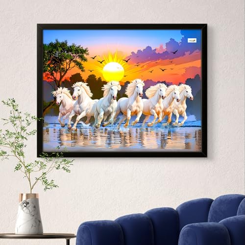 Image of 7 Horses Painting with Frame for Vastu - Rising Sun Wall Decor Painting | 7 Horses Wall Decor Photo Frame 12 x 18 inch | Modern Art Wall Painting for Living Room, Bedroom & Home Decoration
