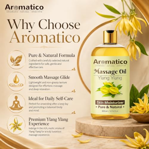 Image of AROMATICO Ylang Ylang Massage Oil for Sunny, Sensual, Floral Fantasy Date Nights | Intimate, Romantic & Arousing Aromatherapy Massage for Couples | Non-sticky and Lightweight - 300 ml (Pack of 2)
