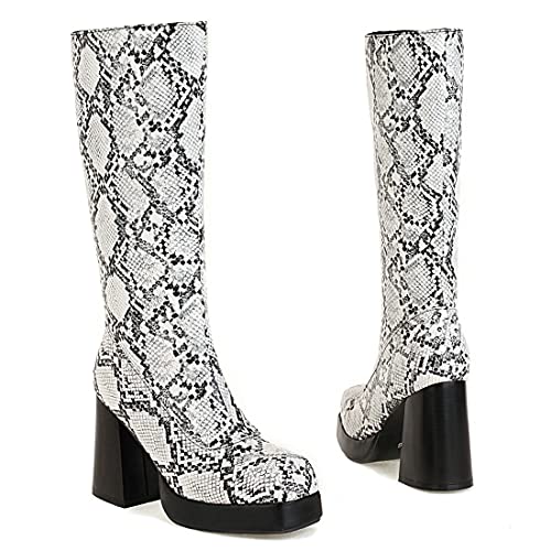 Agodor Women's Snakeskin Knee High Boots Chunky High Heel Platform Animal Print Boots2