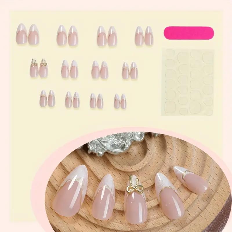 Image of Nakhi 24 Pcs Luxury Stiletto Press On Nails with Gold Bow Design