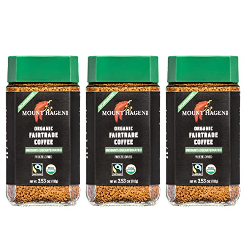 Image of Mount Hagen 3.53oz Organic Freeze Dried Instant Decaf Coffee- 3 Pack | Eco-friendly Decaf Coffee Made From Organic Medium Roast Arabica Beans | Fair-Trade Instant Coffee Decaffeinated [3x 3.53oz Jar]