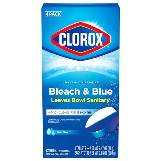 Clorox Ultra Clean Toilet Tablets Bleach & Blue, Rain Clean Scent 2.47 Ounces Each, 4 Count (Package May Vary)