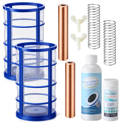 Mysora 10 Pcs Copper Anode Replacement Kit Solar Pool Ionizer Replacement Include Copper Anode Threaded Basket Screen Spring Wing Screw Cleaner Test Strips for Solar Pool Reduces Chlorine