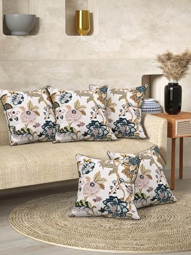 Image of Pure Cotton Quilted Cushion Cover 16x16 Inch | Anokhi Print Decorative Throw Pillow Cover | Soft Cotton Sofa Cushion Cover with Hidden Zipper | Living Room Bedroom Home Decor