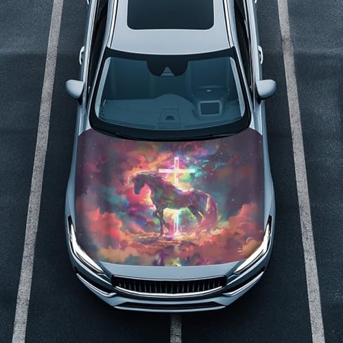 Image of Car Hood Cover Elastic Polyester Cover for Car Hood Removable Automotive Accessories Easy Installation for Car Hood Decoration and Protection-Starry Sky Horse Print