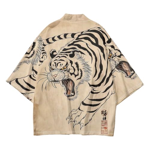 Image of DOSLAVIDA Men's Japanese Kimono Jacket Set Stylish Open Front Coat With Shorts Chinese Style Printed Cardigan Suit
