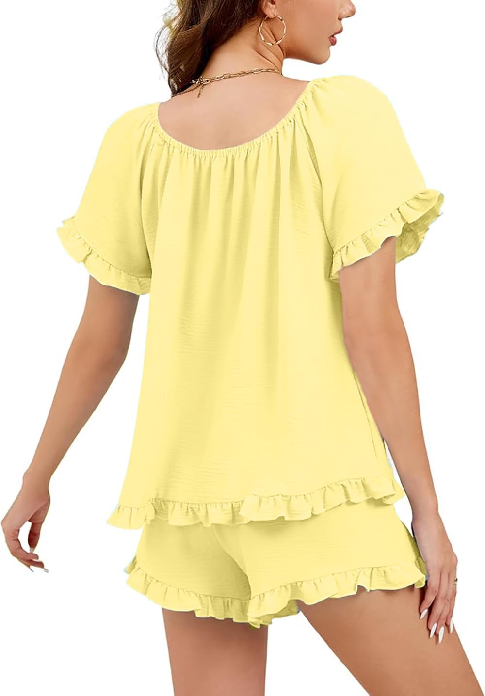 Womens Ruffle Pajama Set Short Sleeve Sleepwear with Bow Tie Lightweight Loungewear Shorts Set for Summer - Image 2