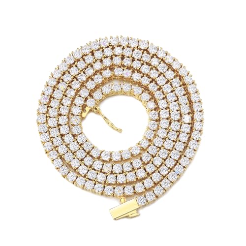 BREN Tennis Necklace - 3mm 4mm 5mm Iced Out Diamond Tennis Chain 5A Cubic Zirconia Necklace - 18K/White Gold Plated Flat Tennis Necklace for Women and Men Size 16-22 (Gold-3mm 18inchchoker)
