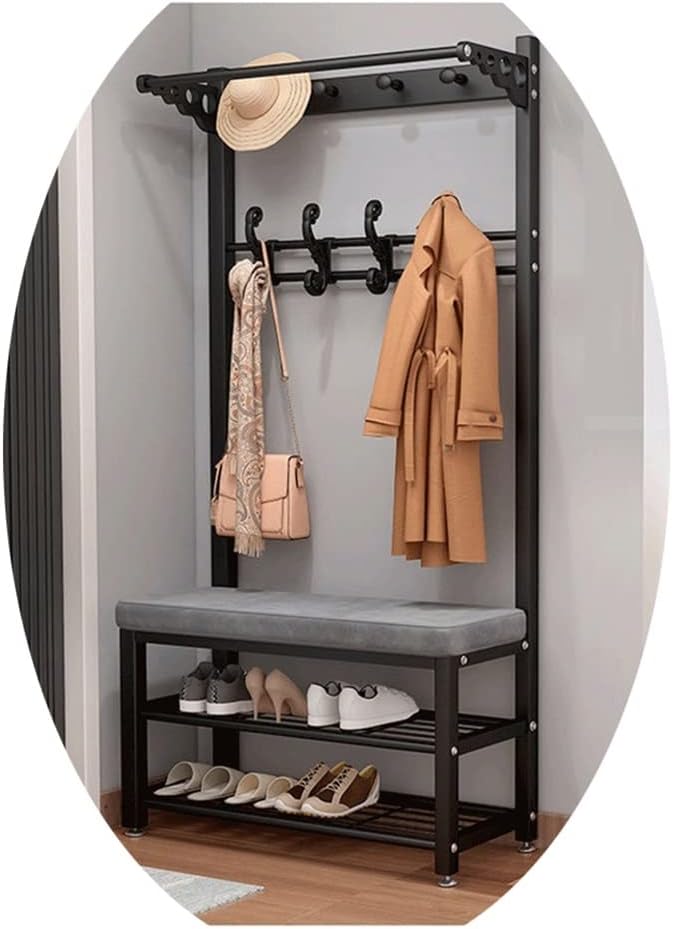 Industrial Entryway Coat Rack Shoe Bench Storage Shelf Hall Tree Stand Hooks Metal Frame Easy Assembly Black Grey 60x33x172cm