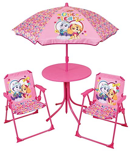 FUN HOUSE 713475 PAT'PATROUILLE Stella Everest Salon DE Jardin pour Enfant avec Une Table H.46 X Ø46 CM, Deux CHAISES H.53 X L.38,5 X P.37,5 CM ET Un Parasol H.125 X Ø 100 CM Rose