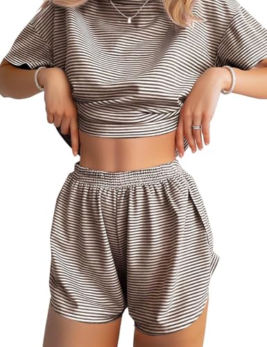 Image of JUSTFASHIONNOW Womens Pajama Sets Shorts Striped Print Two Piece Lounge Sets Crew Neck Sleepwear Split Shorts Set Soft Pjs