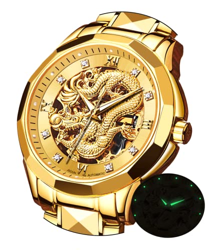 OLEVS Gold Watches for Men Automatic Mechanical Dragon Wristwatch Tungsten Steel Skeleton Business Dress Luminous Waterproof Luxury Diamond