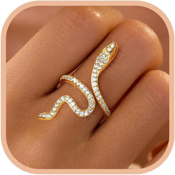 LOVECOM 18K Gold Plated Snake Rings for Women 925 Sterling Silver Adjustable Cubic Zirconia Snake Ring Jewelry Stackable Open Animal Statement Promise Ring Holiday Gifts for Her Mother