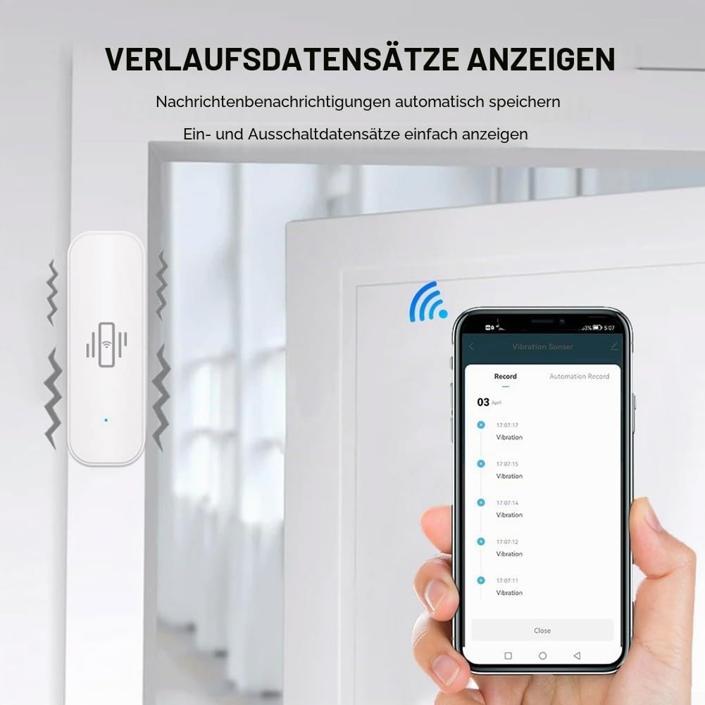 WLAN-Vibrationssensor, kabelloser Mini-Glasbruchmelder für Alarm und Smart-Home-Automatisierung, kein Hub erforderlich, kompatibel mit Tuya/für Smart Life App (6 Stück)
