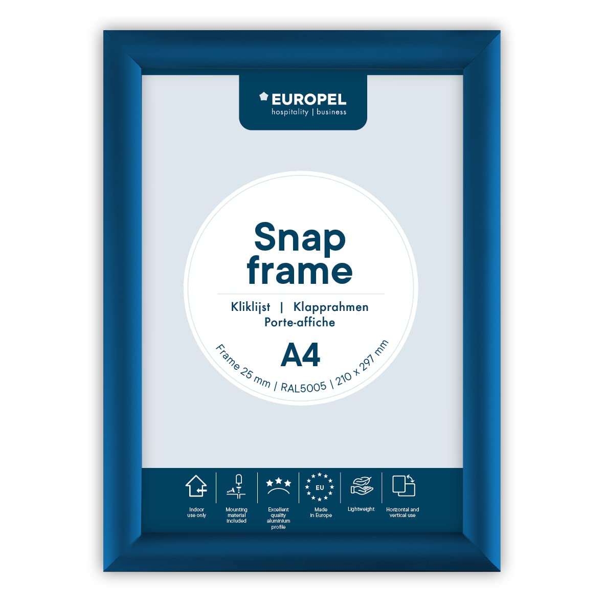 EUROPEL lightweight Snap frame A4, Blue, Profile 25x11 mm, Anodized aluminum, anti-reflective protector, External dimensions 241x328 mm, Grey polystyrene back