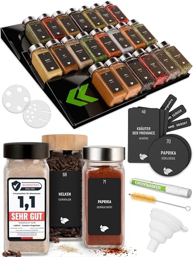 LAEVU Gewürzregal Schublade mit Gläsern | Gewürz Organizer Schublade inkl. 24 Gewürzgläsern Eckig mit Edelstahldeckel | Etiketten für Gewürze & mehr | Ausziehbarer Gewürzeinsatz für deine Schublade