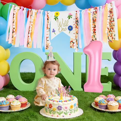 Image of Wild Flower High Chair Banner for First Birthday Party Decoration | Pink Floral Wild One High Chair Tassel Banner for Girls Wildflower 1st Birthday Backdrop Decors Baby Shower Party Supplies