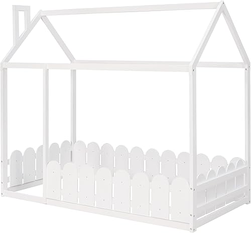 Miniatura 137 de MERITLINE Cama individual para niños, cama individual de madera para niños, cama Montessori con techo y ventana, cama de piso para niños pequeños,