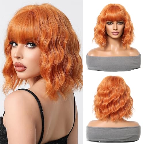 Esmee Short Wave Ginger Orange Bob Wigs With Fringe Shoulder Length Wig Synthetic Cosplay Wigs for Women, 14 inches