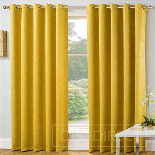 QPC Direct Plain Embossed Blockout Thermal Ring Top Lined Curtains, Ochre Mustard Yellow (66" x 90" [168 x 228cm])