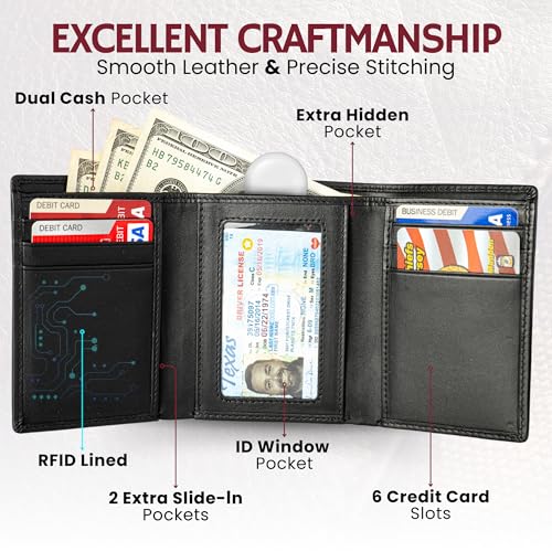 Image of BULL GUARD RFID Genuine Leather Trifold Wallets for Men ID Window, Secret Pocket, Rich Black, 3.25 inch x 4.25 inch, Classic