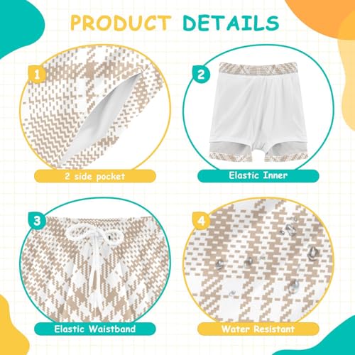Boy Swim Shorts Youth Lightweight Workout Shorts Compression Liner Buffalo Plaid Check Tartan Scotland Beige4