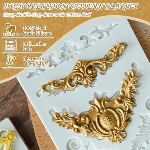 Image of HKNMTT Baroque Style Silicone Molds Curlicues Scroll 3D Border for Clay Fondant Chocolate Sugar Craft Decor, Vintage Wedding Birthday Cake Cupcake Topper Decoration