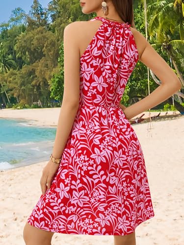 Image of HUHOT Petite Women Teen Summer Halter Dress Vacation Mini Sundress with Pockets