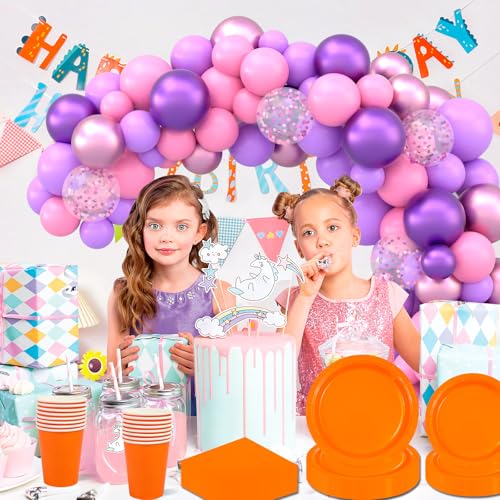 64 Stück Partygeschirr Set,Orange Geburtstag Party Papiergeschirr Geschirr Set Inklusive Teller Servietten Becher und Dessertteller Geeignet für Hochzeiten,Weihnachten,Kinder Geburtstagsparty-16 Gäste