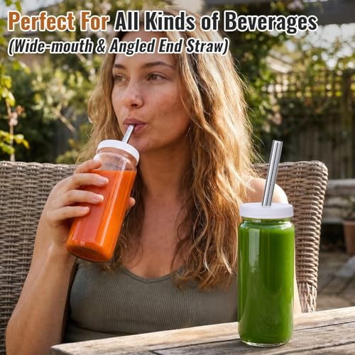 Image of 8 PACK 16OZ Glass Juice Bottles with 8 Sealed Lids & 2 Straw Lids & Straws