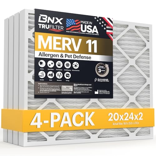 BNX TruFilter 20x24x2 Air Filter MERV 11 (4-Pack) - MADE IN USA - Allergen Defense Electrostatic Pleated Air Conditioner HVAC AC Furnace Filters for Allergies Dust Pet Smoke Allergy MPR 1200 FPR 7