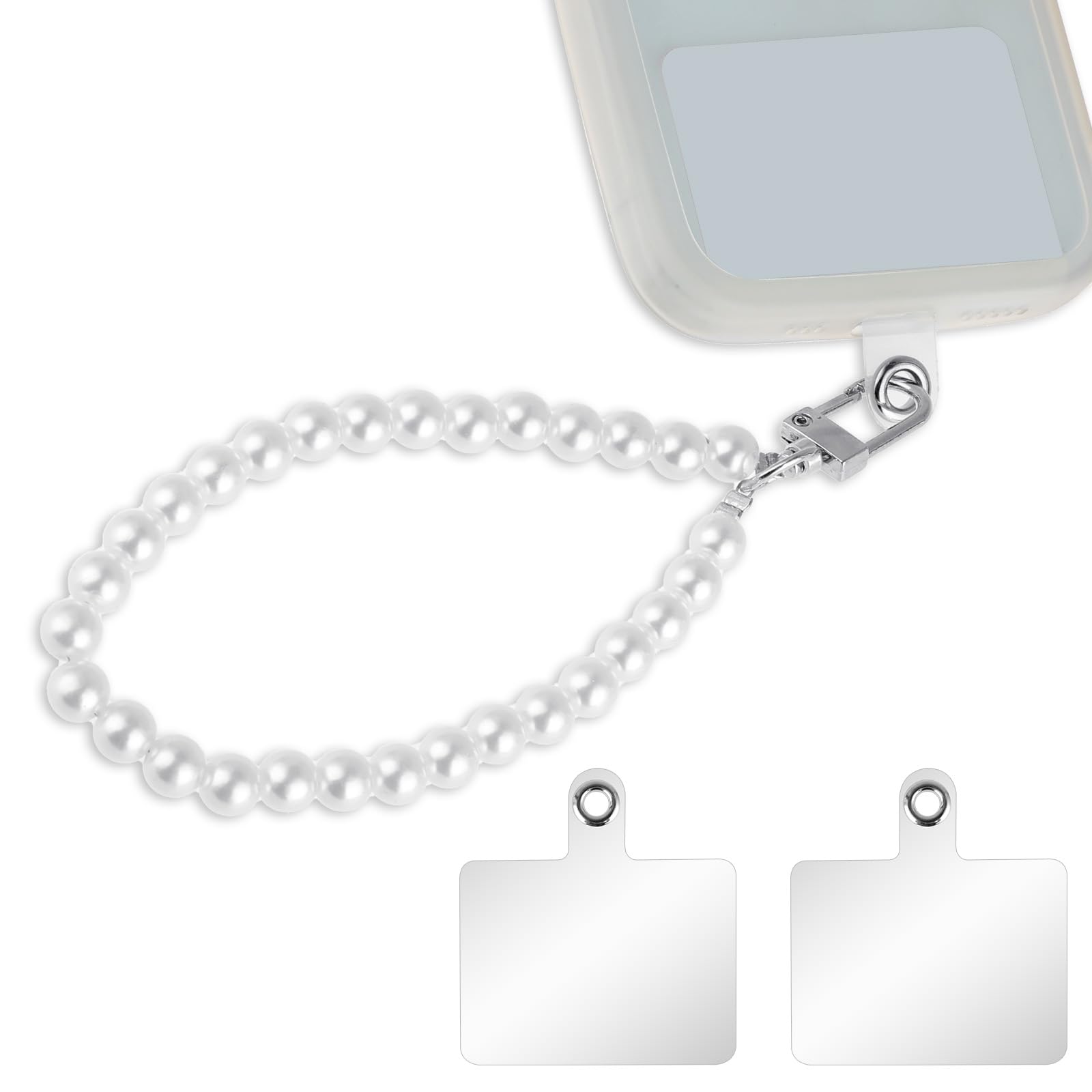 Cordino da polso per telefono, cordino con ciondolo per telefono con perle bianche, con perline e 2 toppe posteriori, per donne e ragazze, cellulare, portafoglio, fotocamera, bianco, Large