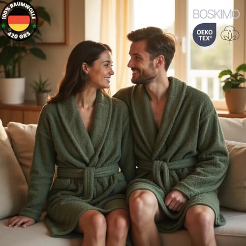 BOSKIMO Bademantel, Unisex, 100 % Baumwolle, Oeko-Tex, Bademantel für Damen und Herren, amerikanischer Frottee, 420 g/m², weich und sehr saugfähig, khaki-grün, S