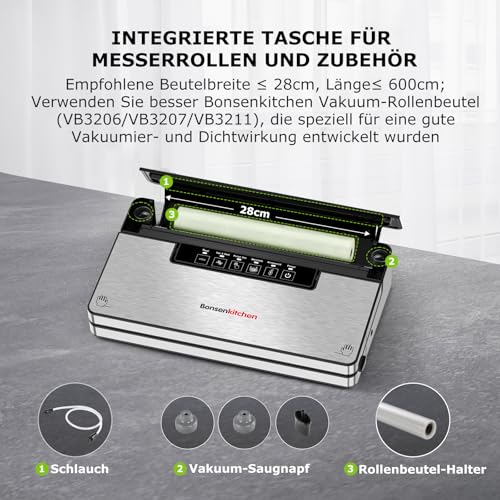 Bonsenkitchen Vakuumierer, Stark Vakuumiergerät mit 5 Modi, 8 L/Min, Globefish-Technologie für Kontinuierliches Arbeiten mit Hoher Geschwindigkeit, Enthält 5 Vakuumbeutel und 1 Rollbeutel