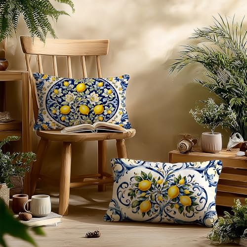 Image of Blue and Yellow Summer Mediterranean Lemon Small Decorative Lumbar 12x20 Pillow Covers Decor,Amalfi Coast Italian Decorative Throw Pillow Cover for Home Room Decor Double-Sided Set of 2
