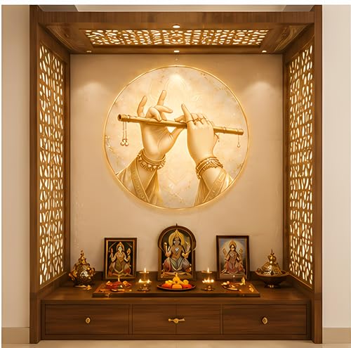 Image of Krishna Flute Circle Wallpaper for wall, Round Wall Art, Gold Marble Print, 3X3 Feet, Pooja Room Decor (91.4 X 91.4 cm)