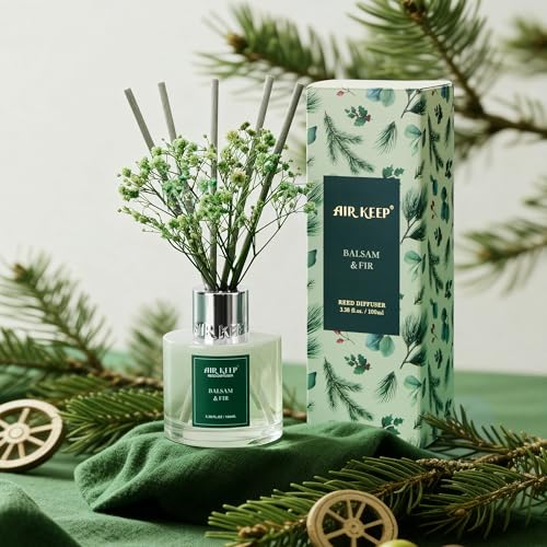 Image of Airkeep Reed Diffuser Set,3.38 fl oz (100 ml) - Balsam & Fir Oil Diffusers with 8 Reed Sticks,Home Fragrance Reed Diffuser for Bathroom Shelf Decor Winter Fragrance