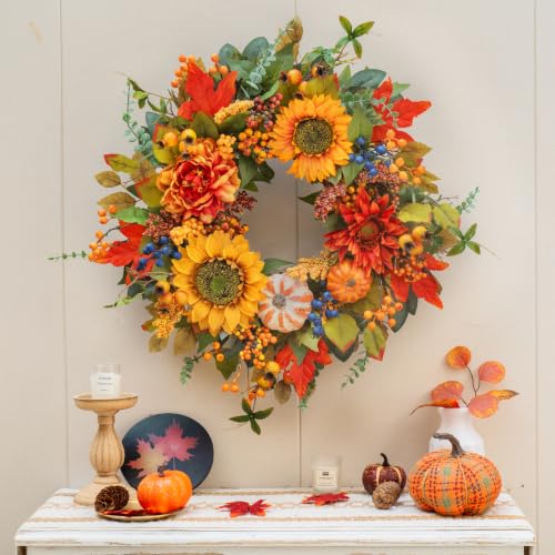 Image of 24 Inch Harvest Fall Wreaths for Front Door Outside with Sunflowers | Artificial Autumn Wreath with Pumpkins Berries Maple Leaves - Fall Door Wreath for Porch Entryway Thanksgiving Decor