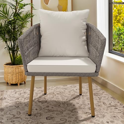 DWVO Wicker Sofa Chair, Single Bistro Armchair with Weatherproof Cushions, Outdoor Dining Chair for Outdoor, Indoor, Beige