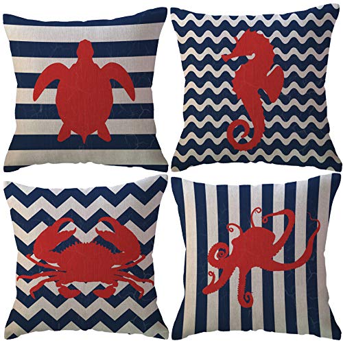 ULOVE LOVE YOURSELF Navy Blue Sea Decor Pillow Covers Ocean Theme Turtle-Seahorse-Octopus-Crab Pattern Decorative Cushion Cover Coastal Pillowcases 18â€Ã—18â€,4Pack for Beach House
