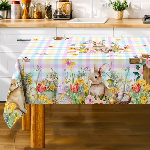 Unibyby Easter Tablecloth Round, Easter Round Table Cloth 70 Inch with Bunny and Eggs, Buffalo Check Plaid Kitchen Table Cover for Dining Room Tulips Floral Indoor Decor by Unibyby - Image 6