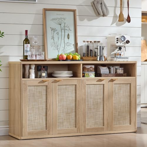 LEYAOYAO Rattan Sideboard Buffet Cabinet,55" Coffee Bar Cabinet w...