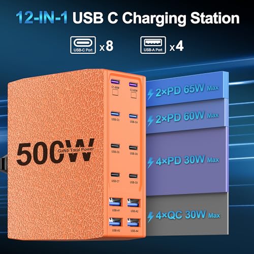 Image of 500W USB C Charger Block, 12-Port USB C Charging Station for Multiple Devices, Leather Texture Dual PD 65W Laptop Fast Charger Compatible with MacBook Pro /Air, iPad, iPhone,Galaxy and More,Orange