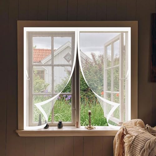Cortina Mosquitera Puerta Exterior 126 x 145 cm Imanes Más Fuertes, Protección Contra Insectos, sin Taladrar Cortina Mosquiteras Magnética para Correderas, Garaje O Patio, Blanco