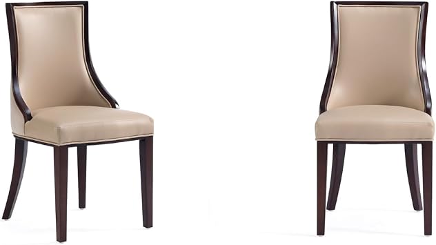 Manhattan Comfort Grand Avenue Vegan Leather Dining Chairs, Parsons Accent Furniture with Padded Wingback Seat and Solid Beech Wood Frame, Set of 2, Tan