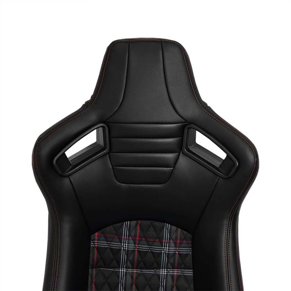 AutoStyle Siège baquet 'GT' - Simili Cuir Noir + Tissu en motif à carreaux Rouge + Surpiqûres Rouge - Dossier réglable - incl. glissières